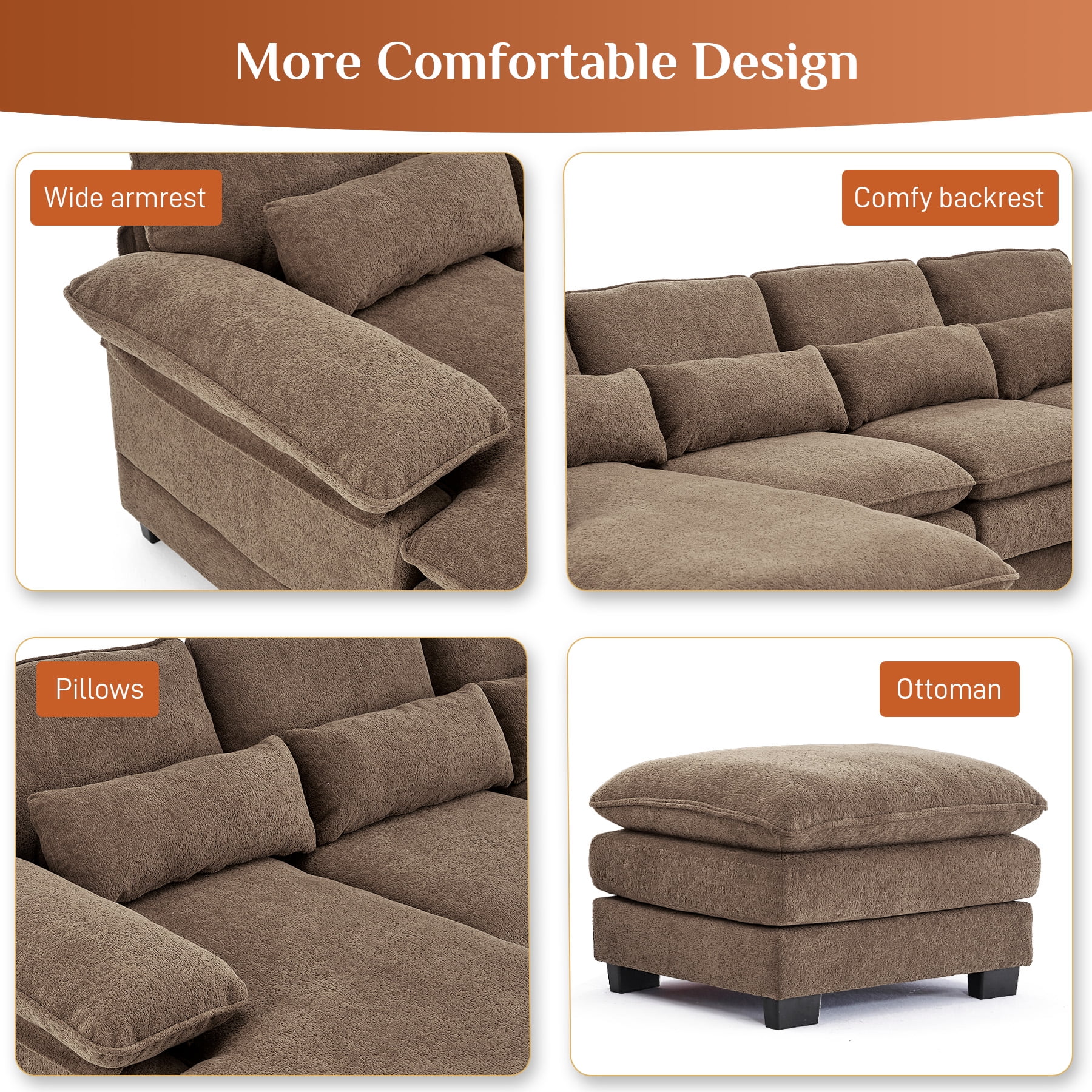 Wiilayok 114" U Shaped Sectional Sofa with Chaise Lounge and Ottoman,Chenille Modular Sectional Sofa Couch for Living Room,Brown