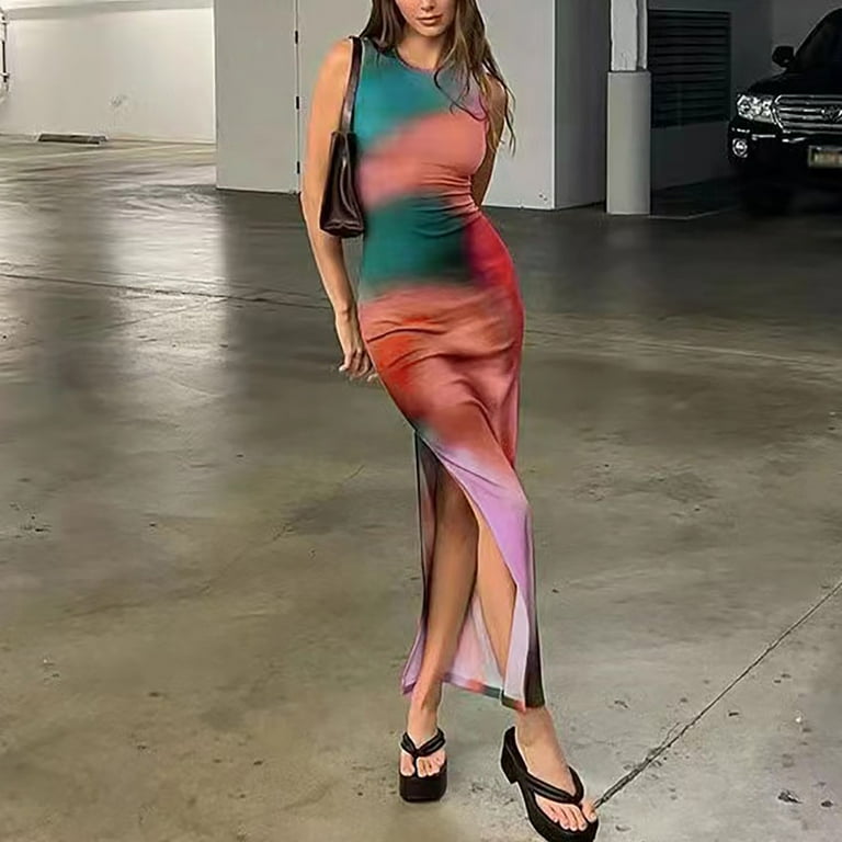 Women's Casual Tie Dye Bodycon Maxi Dress Sleeveless Tank Wrap Split Y Long  Dresses