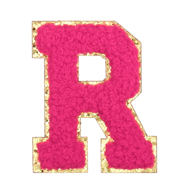 Uxcell Parches de planchar con letra, parches iniciales de chenilla de 2.2" Letra-R con borde dorado, aplique de bordado con adhesivo para reparación decorativa de ropa, rojo rosa