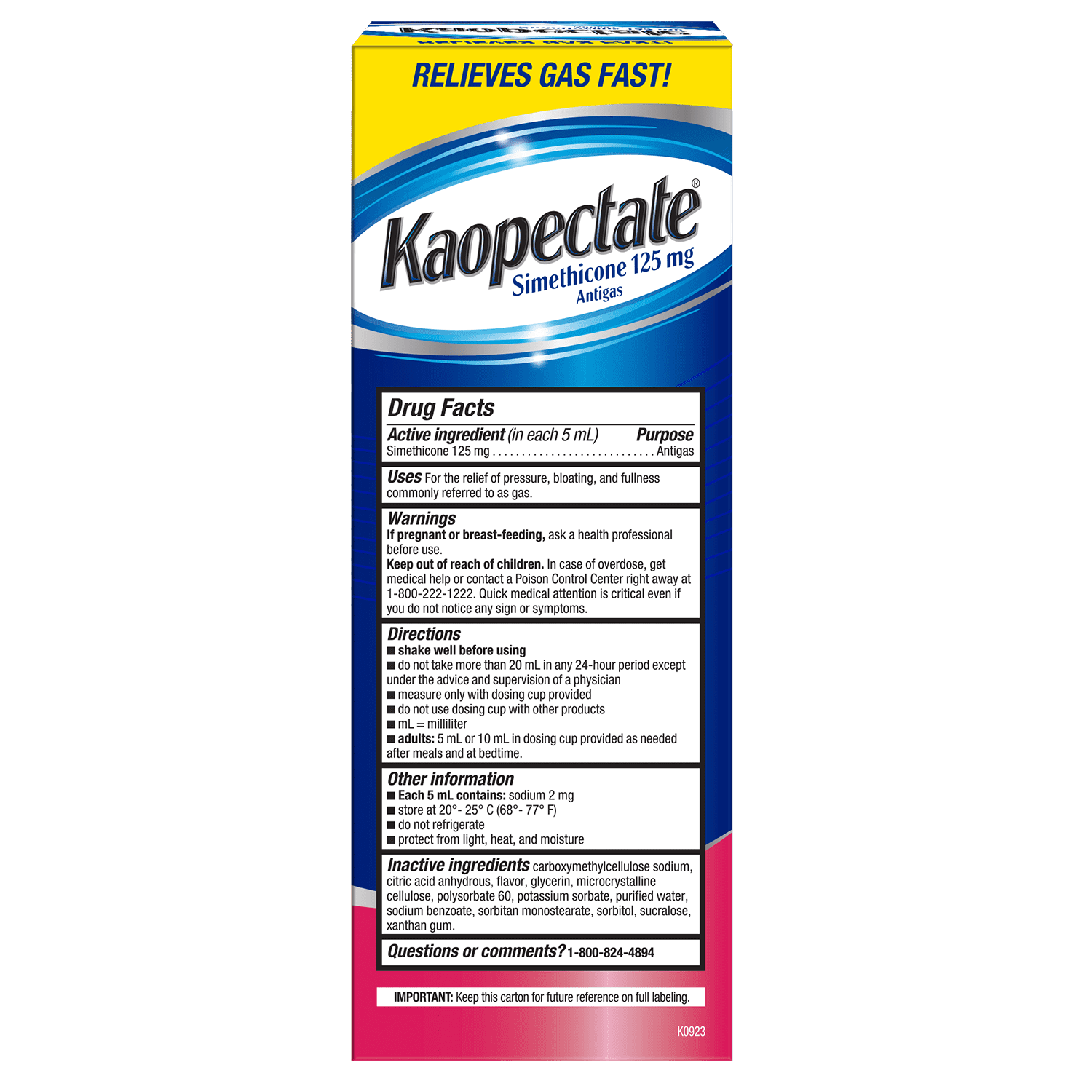 Kaopectate Extra Strength Gas and Indigestion Relief Liquid, Mixed Berry, Simethicone 125 mg, 8 oz