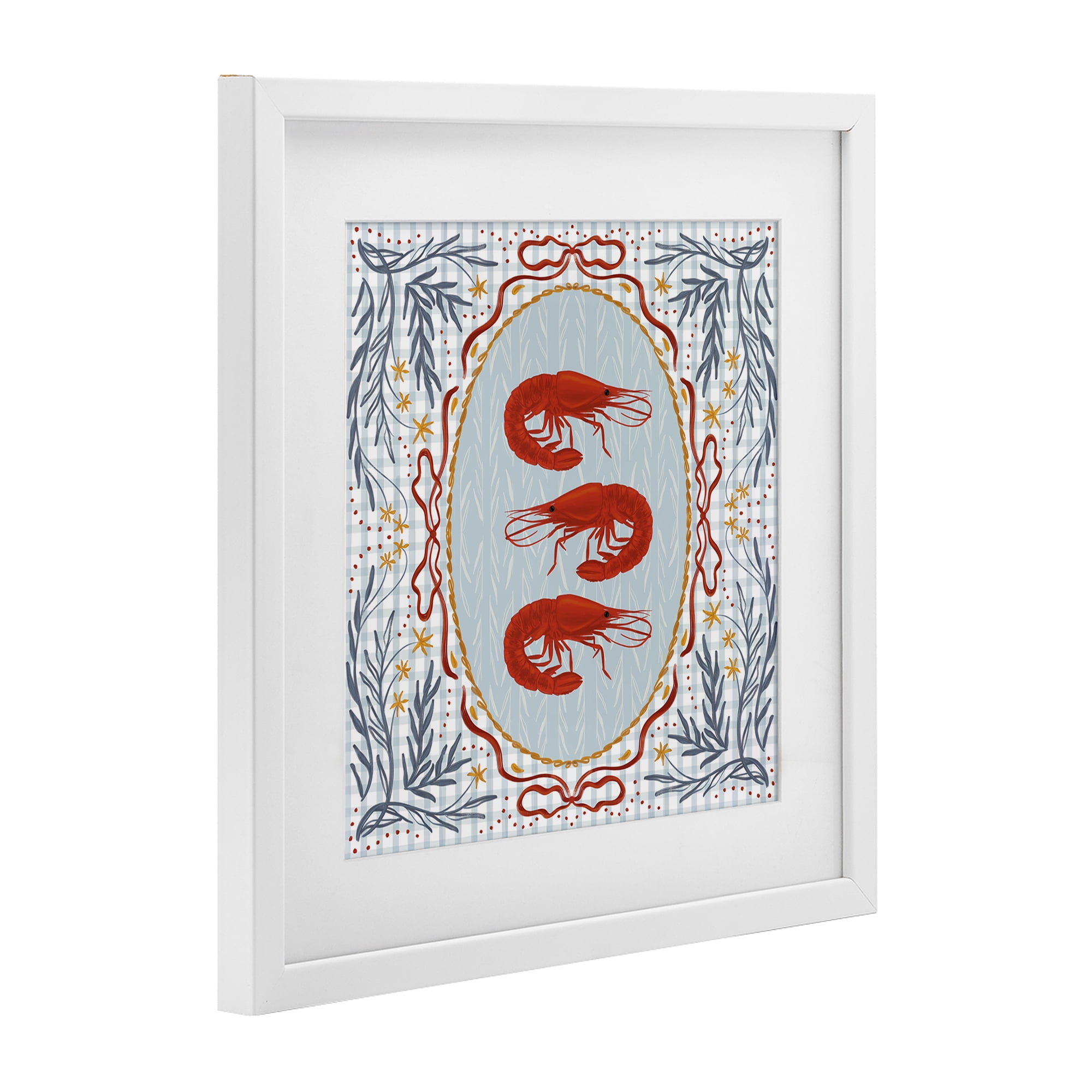 Stupell Industries Prawn Trio on Blue Gingham White Framed Print Under Glass, design by Vero Illustrates