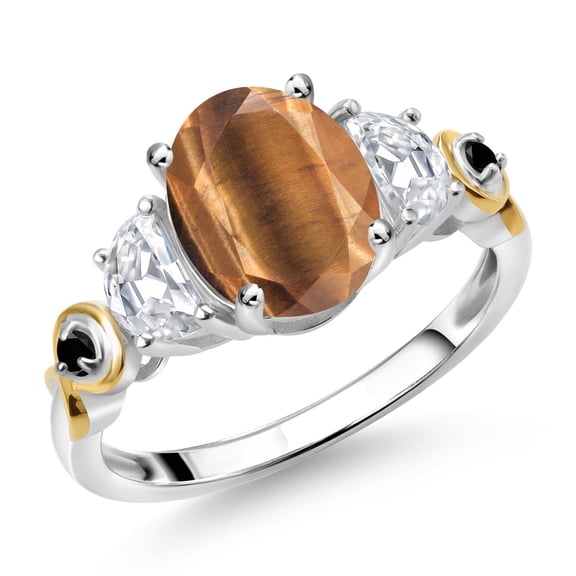 Gem Stone King 925 Silver and 10K Yellow Gold 3-Stone Ring Oval Brown Tiger Eye and Moissanite (2.01 Cttw, Size 9)