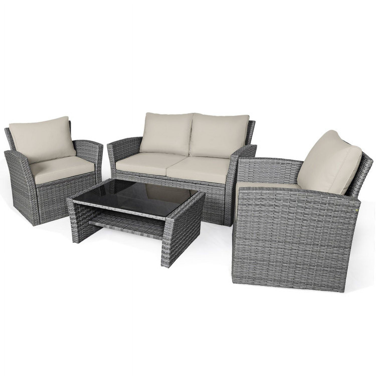 Aimee Lii 4 Pieces Wicker Patio Furniture Set Sofa Table with Storage Shelf Cushion, Modern Patio Furniture, Khaki Aimee Lii 4 Pieces Wicker Patio Furniture Set Sofa Table with Storage Shelf Cushion, Modern Patio Furniture, Khaki