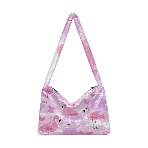 DIXRUYEE Purple Flamingo Pattern Print Plush Shoulder Bag Soft Faux Fluffy Hobo Tote Bag With Zipper Closure Casual Lightweight Crossbody Handbag