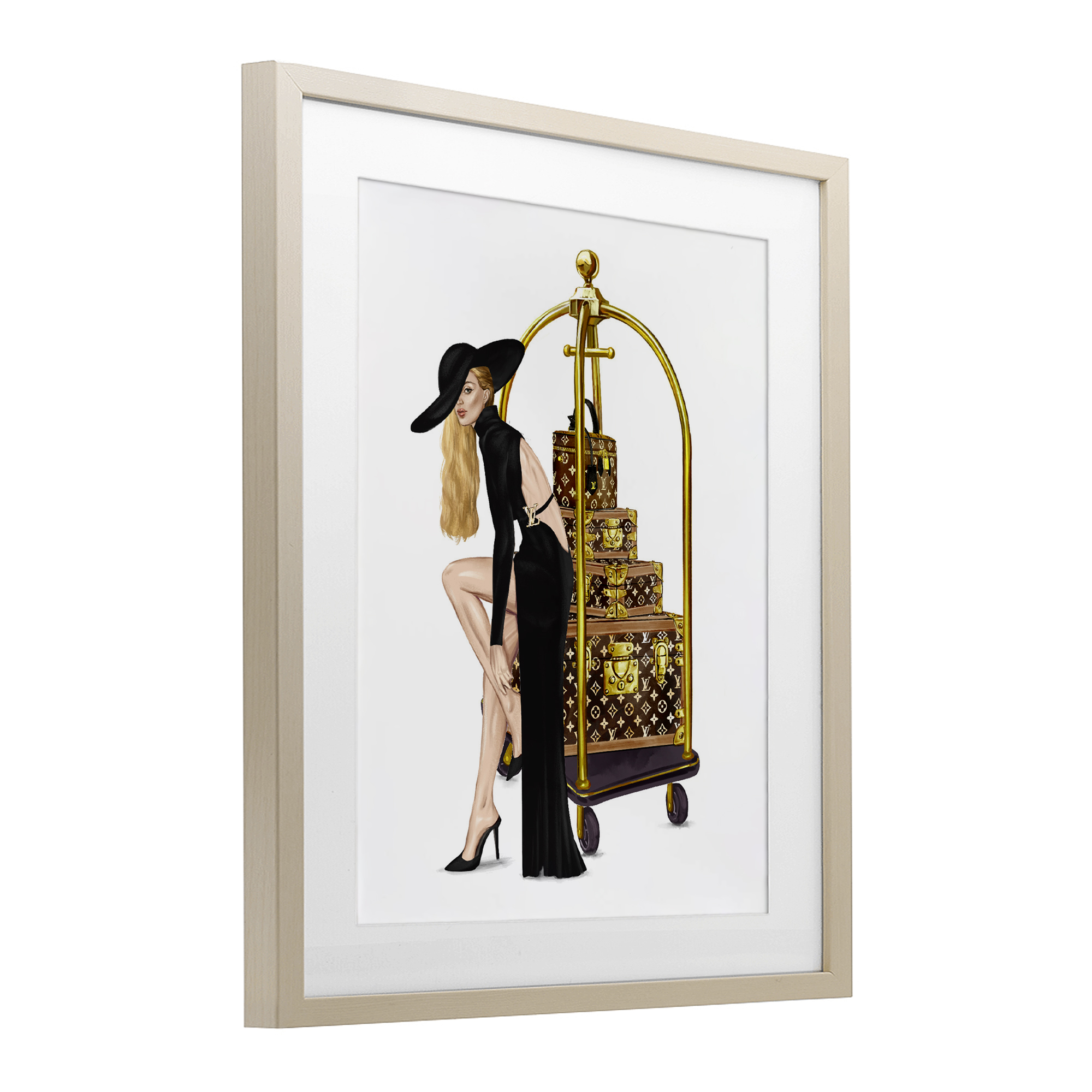Fashionista with Hotel Luggage Birch Framed Print Under Glass, design by Ziwei Li