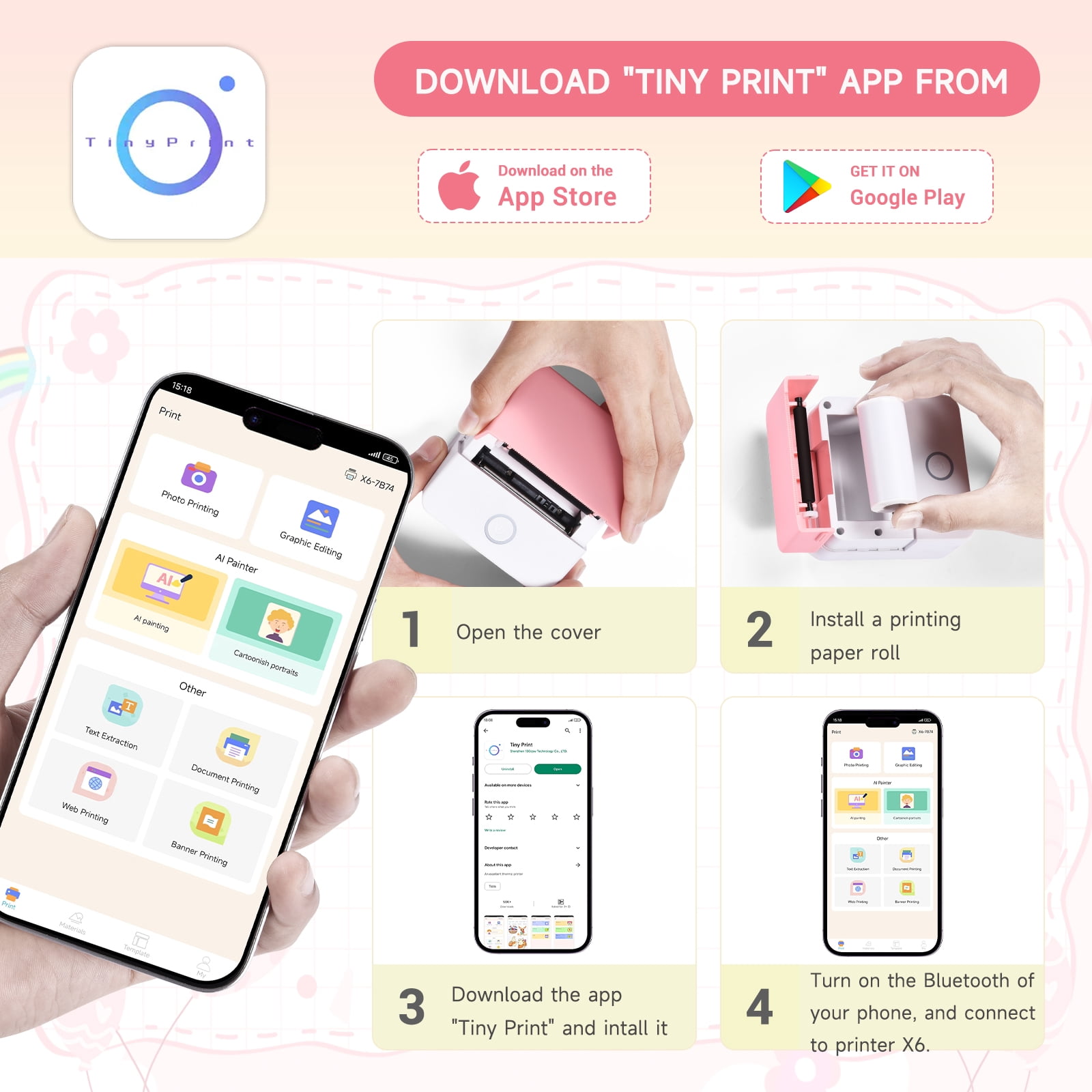 ROJAX Print Pods Mini Thermal Printer, Inkless Portable Sticker Maker with 10 Rolls Paper, Bluetooth Pocket Printer for Phone, Notes, Journal & DIY, Compatible with iOS & Android (Pink)