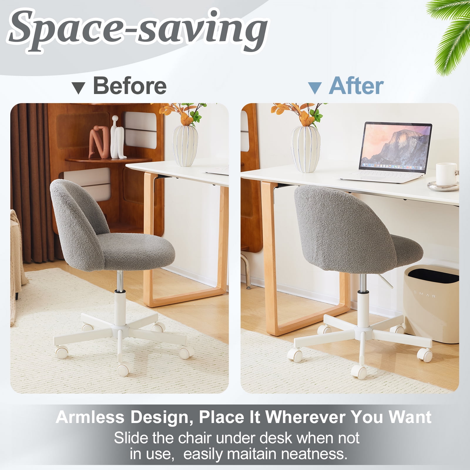 Ktaxon Armless Home Office Desk Chair Cute Mid Back Vanity Stool Teddy Velvet Swivel Task Chairs with Wheels Gray