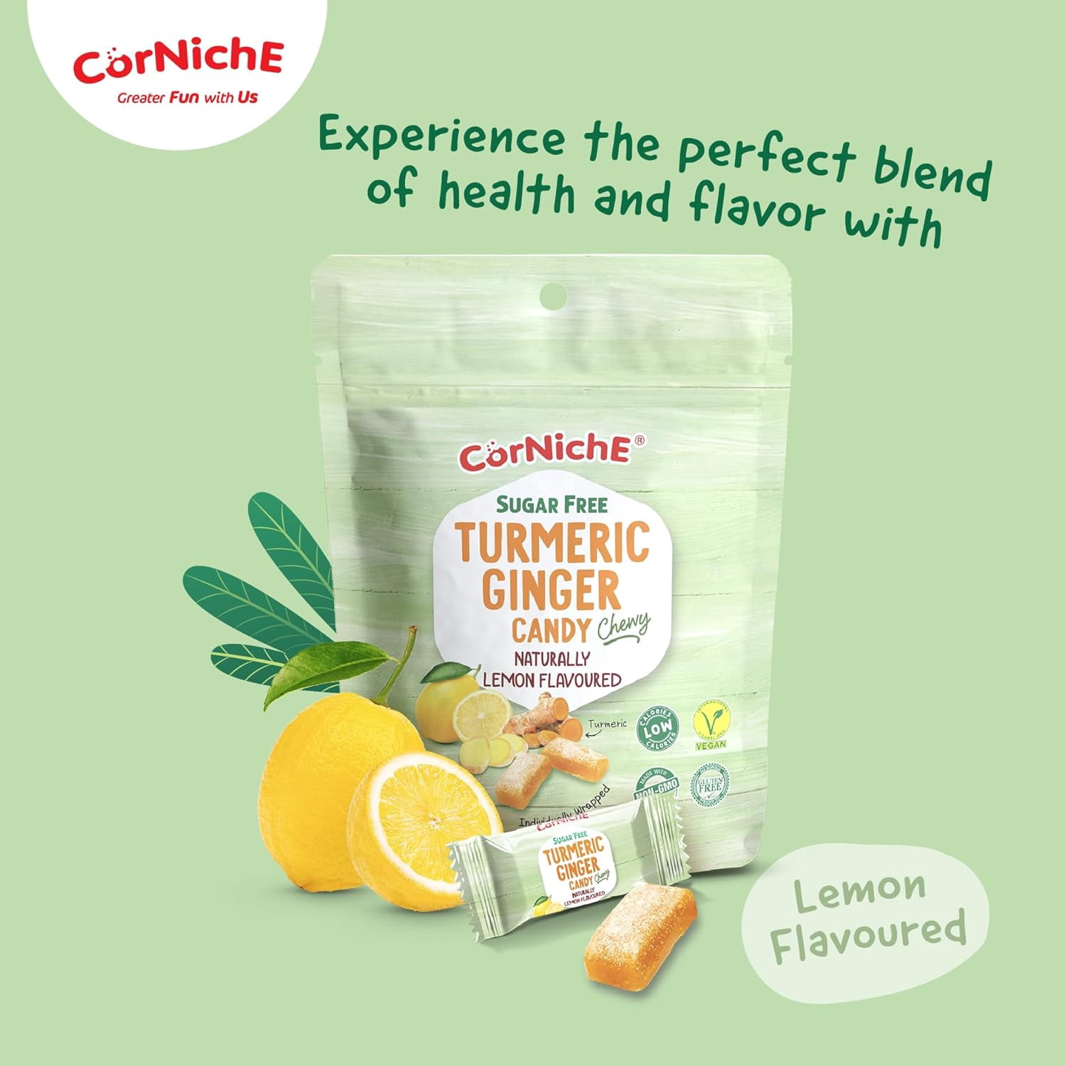 CORNICHE Sugar Free, Turmeric Ginger Candy Chewy Naturally Flavored, Ginger Sugar Free, Individually Wrapped Candy, NON-GMO, Low Calories, Vegan, Gluten Free (Pack of 6, Lemon)
