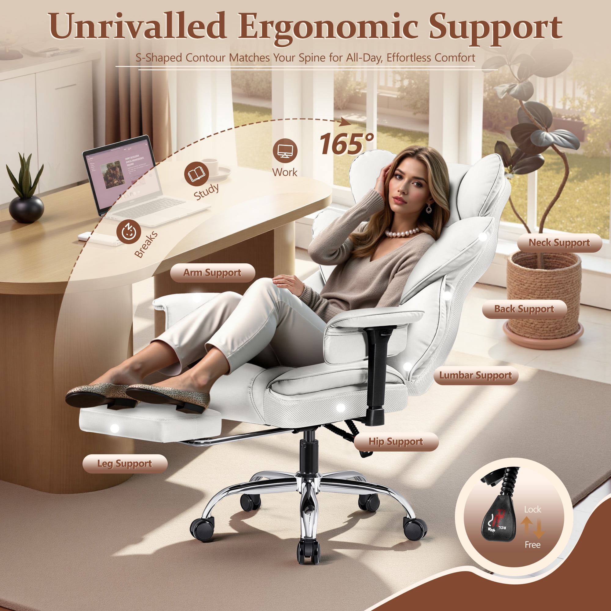 COOLHUT Large Executive Leather Office Chair with Footrest, Ergonomic Reclining Design, High Back and Lumbar Support, Ideal for Big and Tall Users, Perfect for Home Office or Computer Desk Use, White