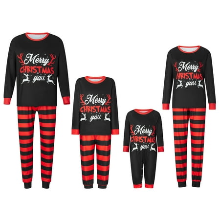 

Christmas Family Pajamas Matching Set Letter Print Long Sleeve Tops and Striped Pants Loungewear Soft Sleepwear