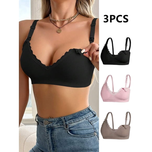 Set De 3 Piezas Sujetadores De Maternidad Sin Costura Con Encaje, Tirantes