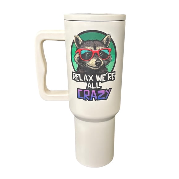 Termo de acero inoxidable color blanco mate, Mapache, de 1.2 litros con agarradera de silicona