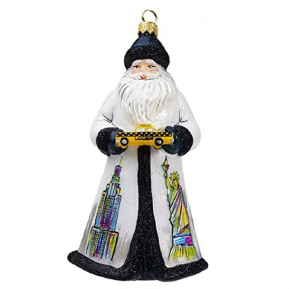 Glitterazzi New York Santa with Taxi Cab Polish Glass Christmas Ornament