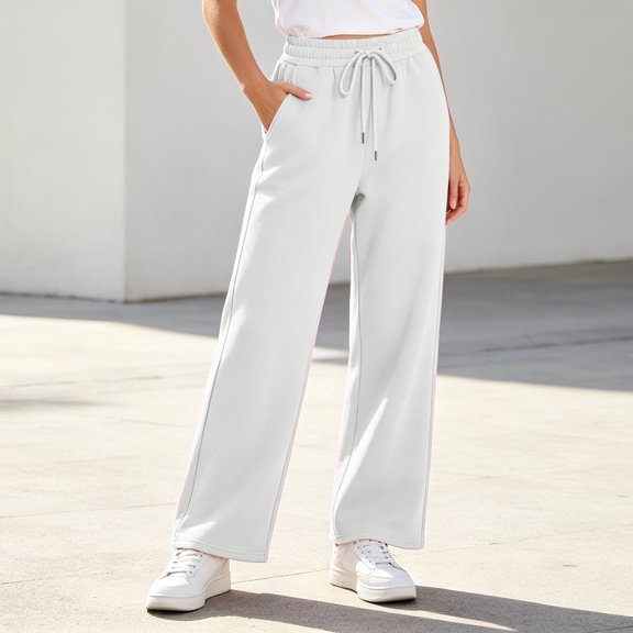 PInxai Sweatpants for Women High Drawstring Elastic Waisted Pants Casual Workout Loose Fitting Pants with Pockets,White,XL