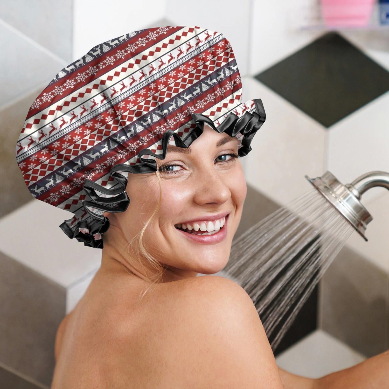 Shower Caps,Red Christmas Deer and Snowflake Pattern Waterproof Shower Cap for Women 4 Pieces,Double Reusable Hair Cover for Shower PEVA Elastic Stretch Hem