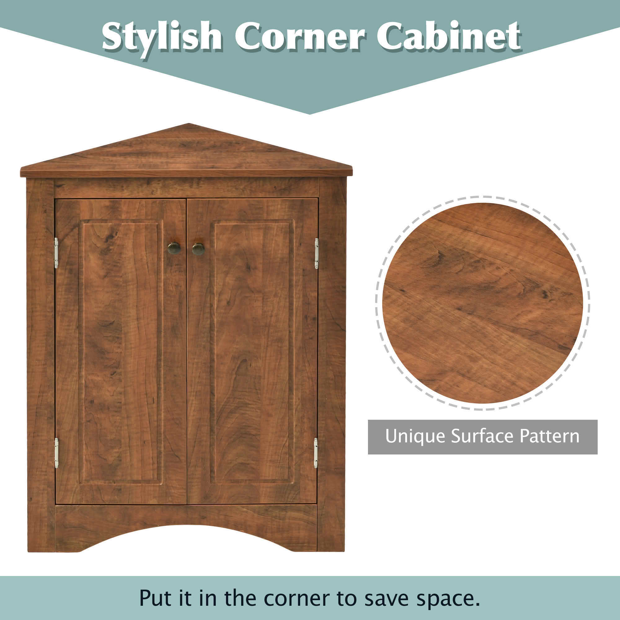 MAYEERTY Brown Triangle Bathroom Cabinet Adjustable Shelves Freestanding Floor Cabinet