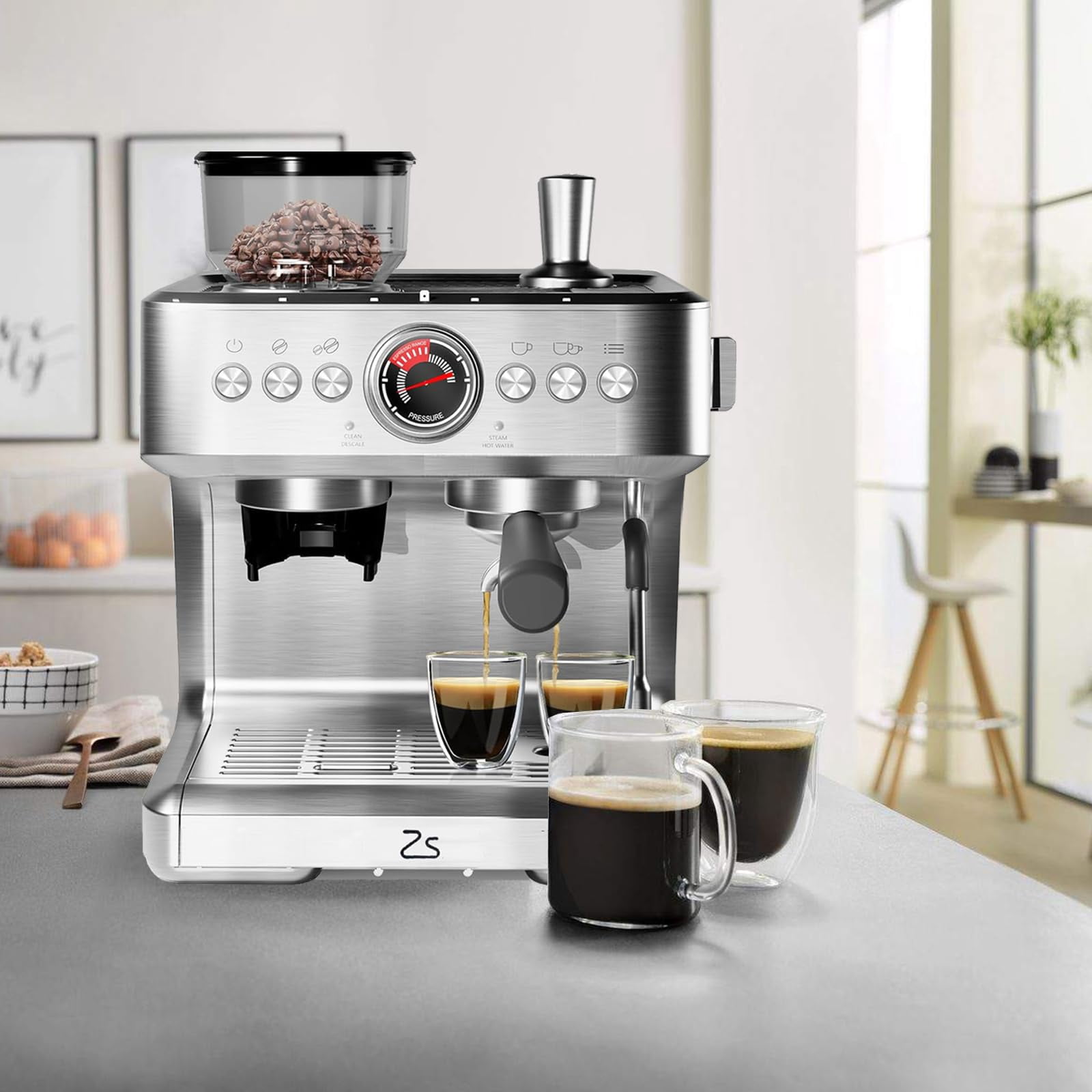 Espresso Machine with Bean Grinder, Semi Automatic Espresso Machine, 20-Bar Espresso Maker with Milk Frother Steam Wand 2.8L Water Tank, Home Espresso Coffee Maker for Latte, Cappuccino