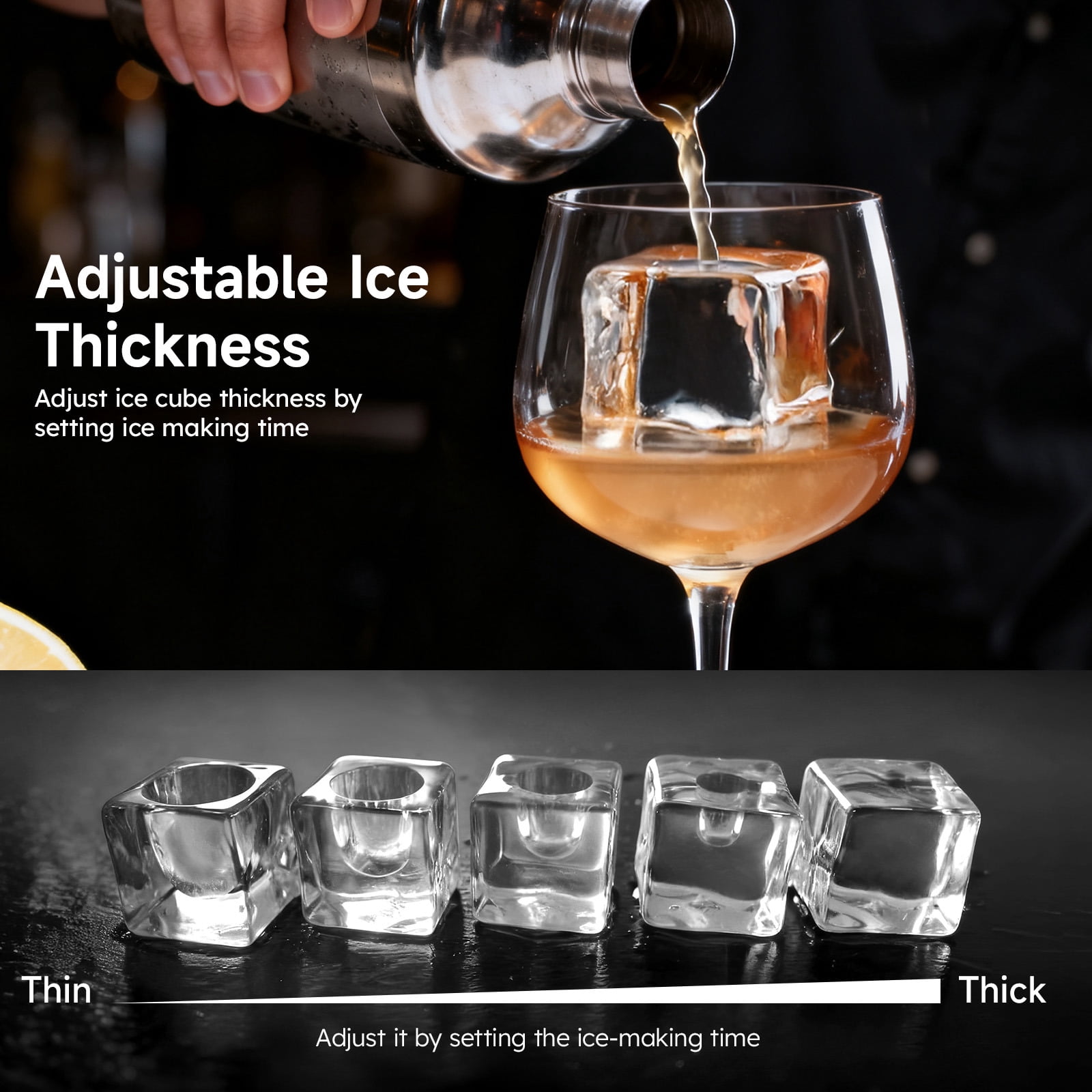 Joreek Ice Maker Countertop Portable, 3 Pcs in 25 Mins, 150 Per Day, 1.6" Square Ice Machine with Self-Cleaning for Whiskey, Cocktail, Home Bar, Stainless Steel