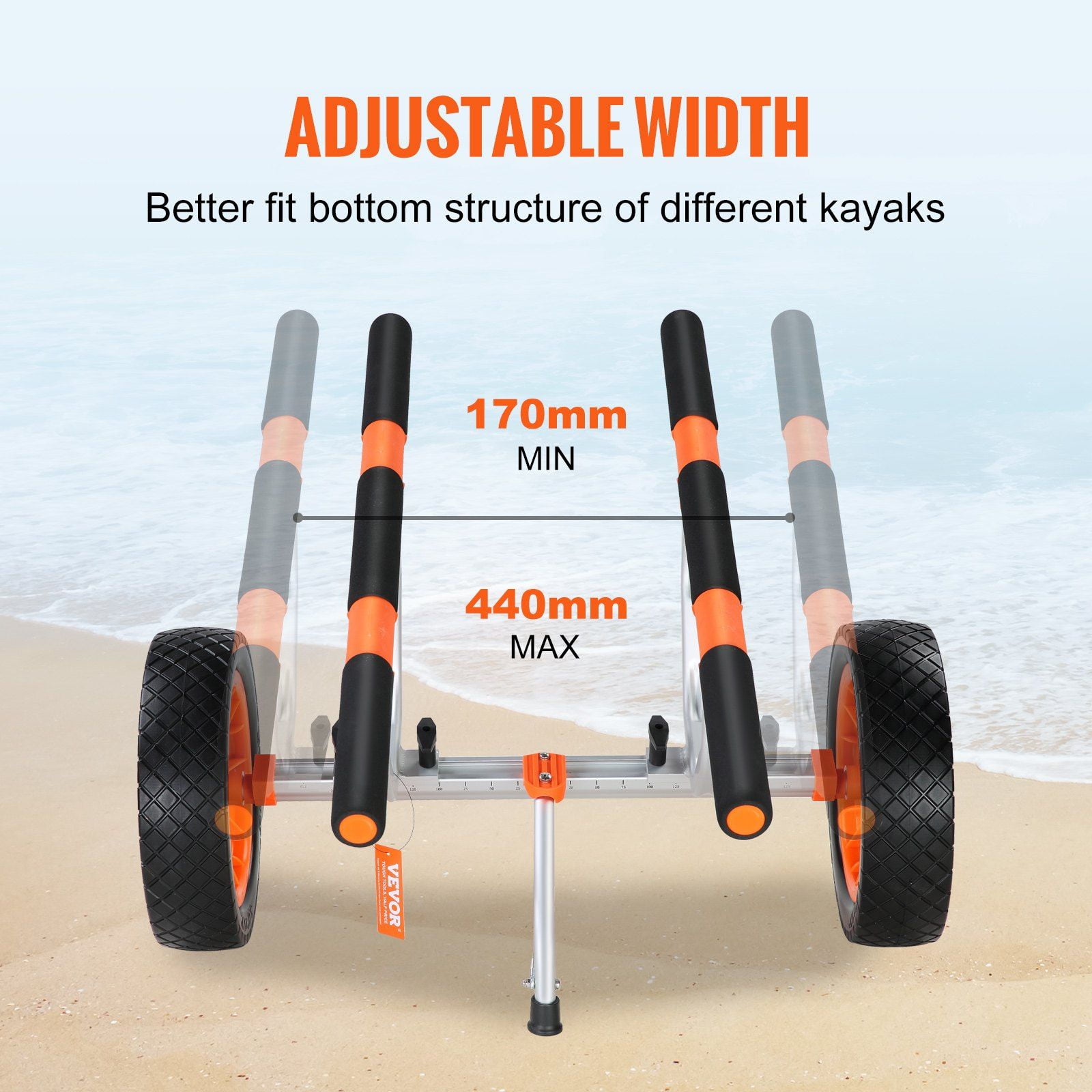 Foldable Kayak Trolley Cart – Heavy Duty 12" Wheels, Adjustable 6.69"-17.32" Width, 350 LB Weight Capacity for Canoes, Paddleboards, Jon Boats & Float Mats