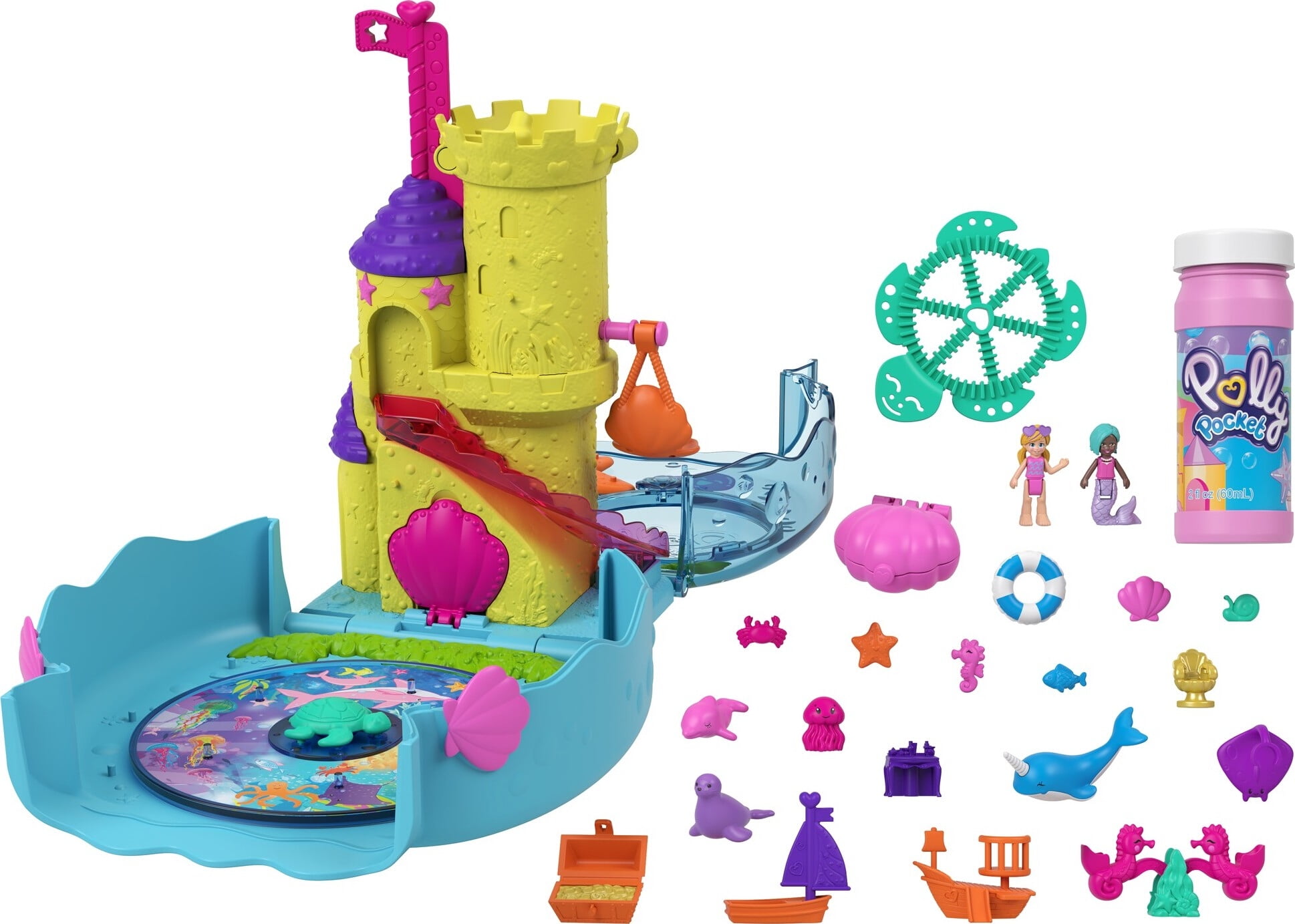 Polly Pocket Bubble Aquarium with Underwater Theme, 2 Bubble-Making Features, 2 Dolls, Bubble Solution & 18 Accessories, 4 & Up