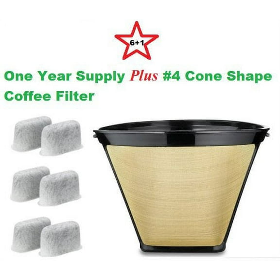 #4 Cone Shape Permanent Coffee Filter & a set of 6 Charcoal Water Filters for Cuisinart DCC-RWF1 Coffeemakers