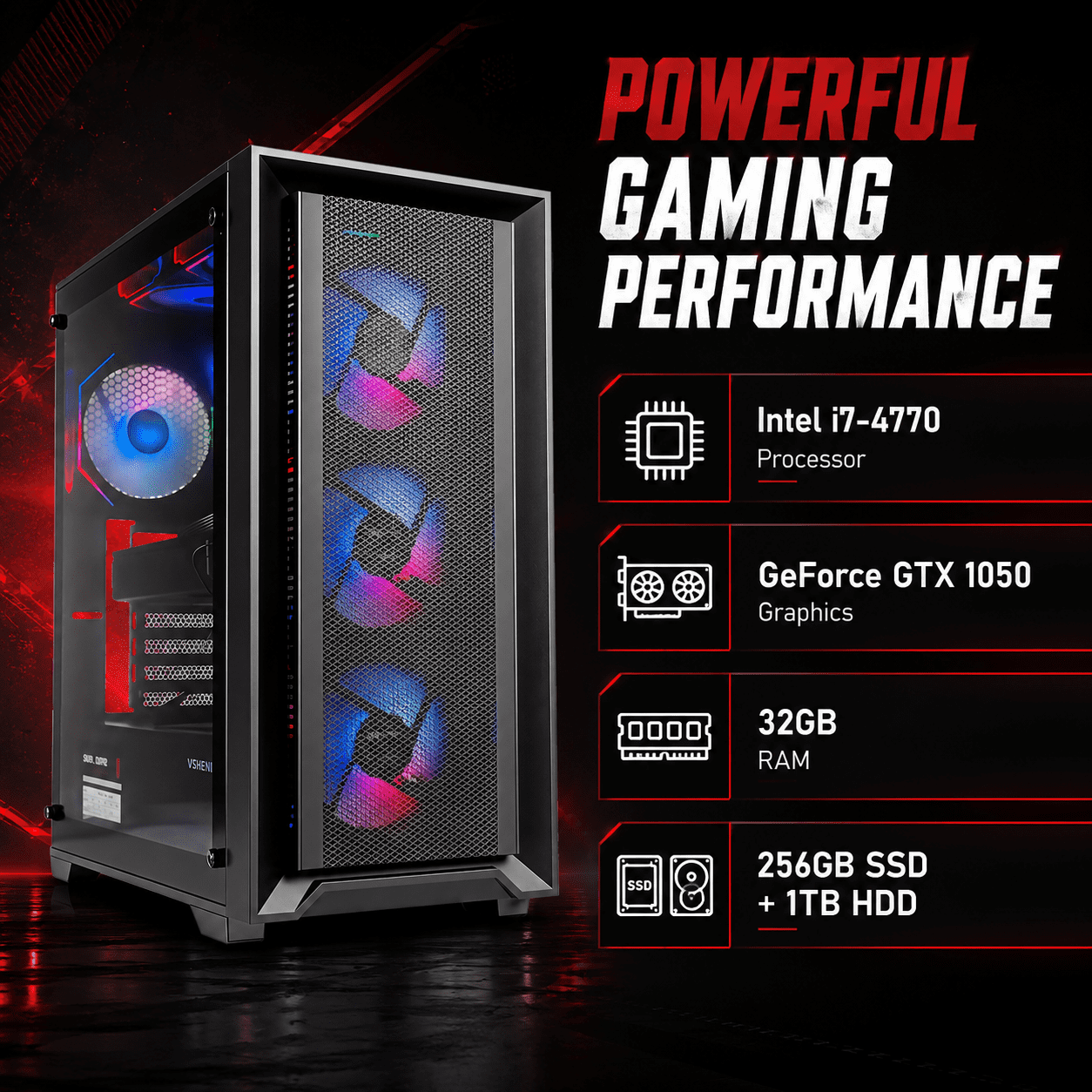Gaming PC Desktop Computer Intel I7, GTX 1050, 32GB RAM, 256GB SSD + 1TB HDD, WiFi6 & BT5.4, Windows 11, With Keyboard & Mouse