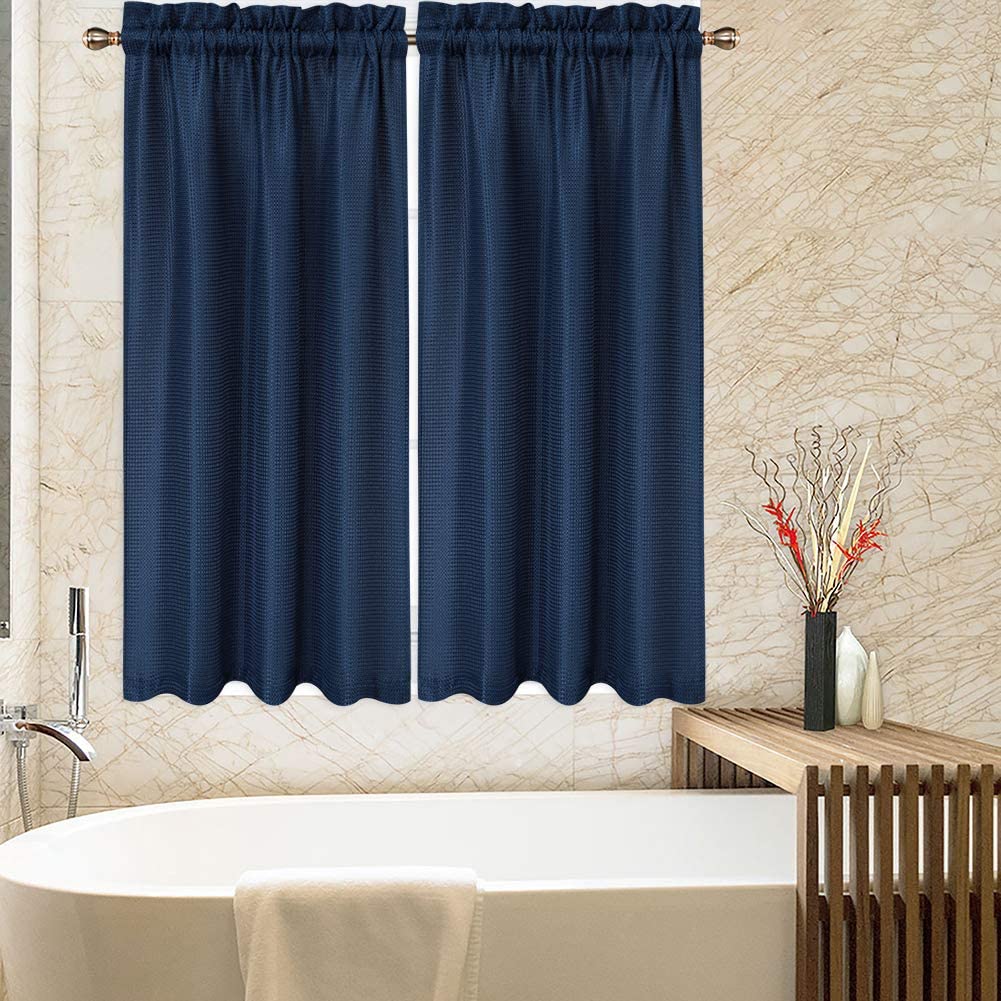 Navy Blue Kitchen Curtains 45 Inch, Waffle Woven Textured Tier Curtains