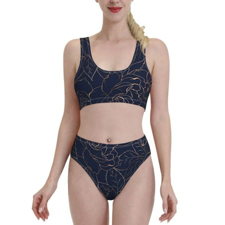 Coaee Copper-Gold Gloss Outline Navy Dark Blue Women S High Waisted Bikini Sets Two Pieces Swimsuits&Bikini With Separates With Removable Soft Chest Pad- Large