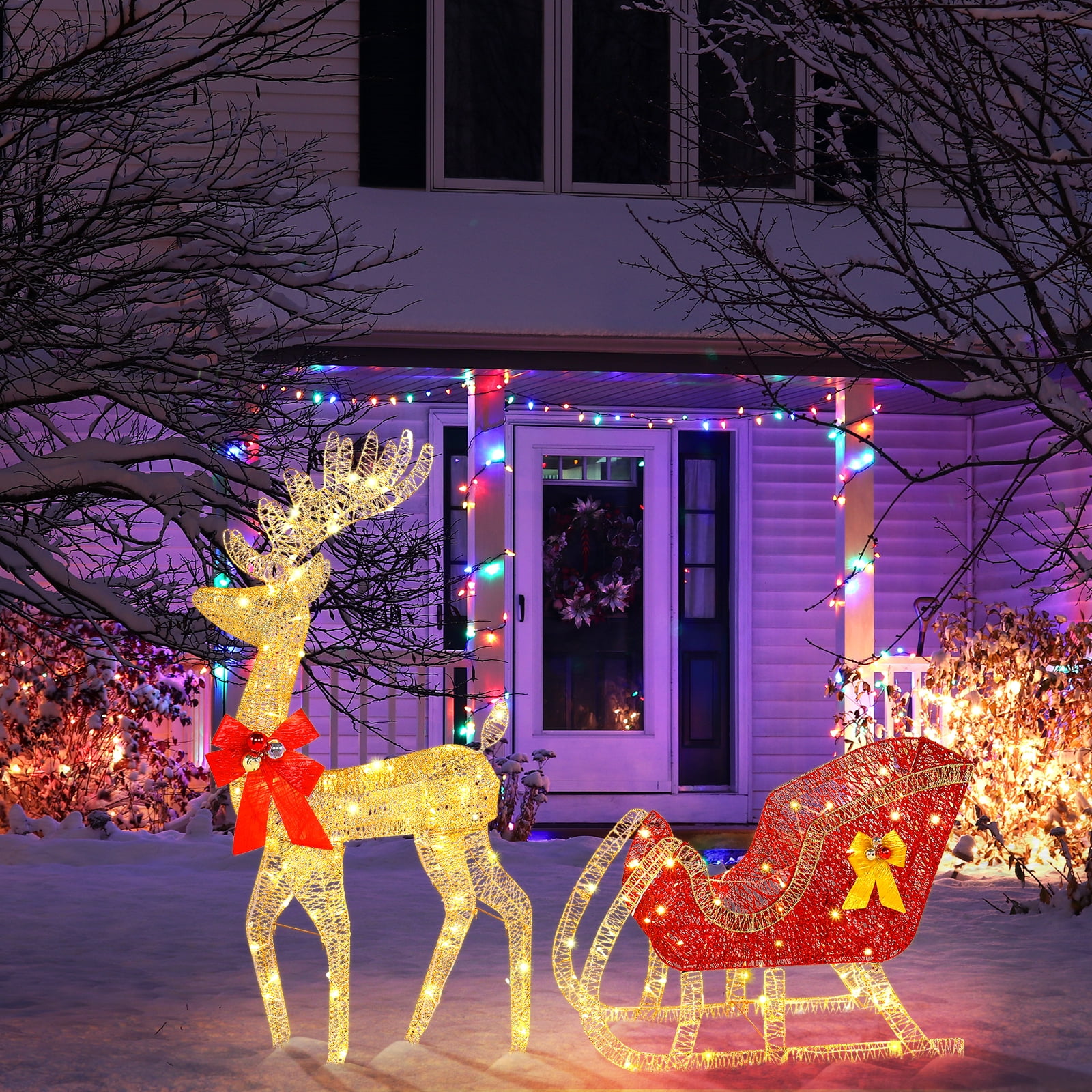 2Piece Prelit Christmas Deer and Sleigh Set, Lighted Holiday Seasonal