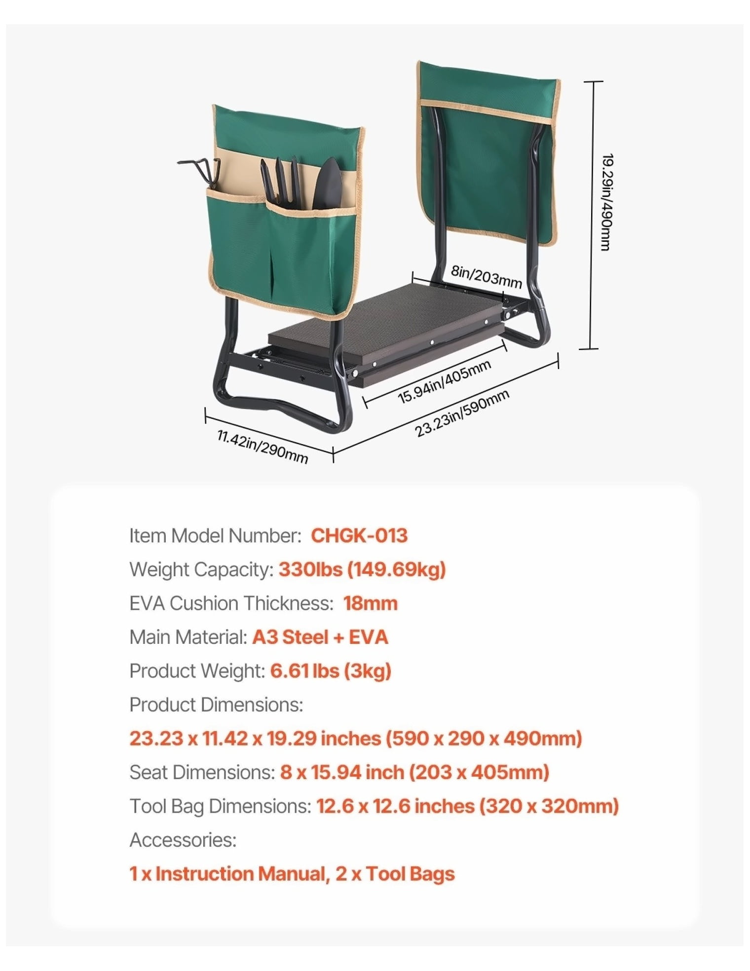 Garden Kneeler and Seat, 330lbs Capacity - Folding Garden Stool with EVA Pad & Tool Bags - Heavy Duty Garden Bench for Weeding, Planting, & Outdoor Use