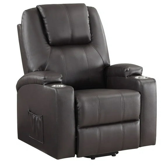 Benjara Evans 37 Inch Recliner Chair, Power Lift, 2 Cupholders, Brown Faux Leather