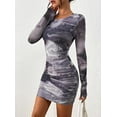 thumbnail image 4 of PRETTYGARDEN Women's Bodycon Mini Dress Tie Dye Print Ruched Mesh Long Sleeve Club Party Short Casual Dresses, 4 of 7