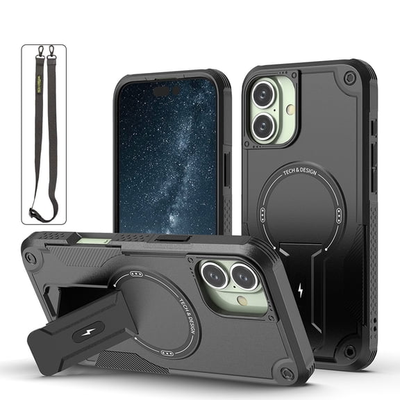 Magnetic for iPhone 16 Case with Crossbody Strap, [Compatible with MagSafe] Built-in Kickstand. Rugged Protection Heavy Duty Shockproof Phone Case for iPhone 16,Black