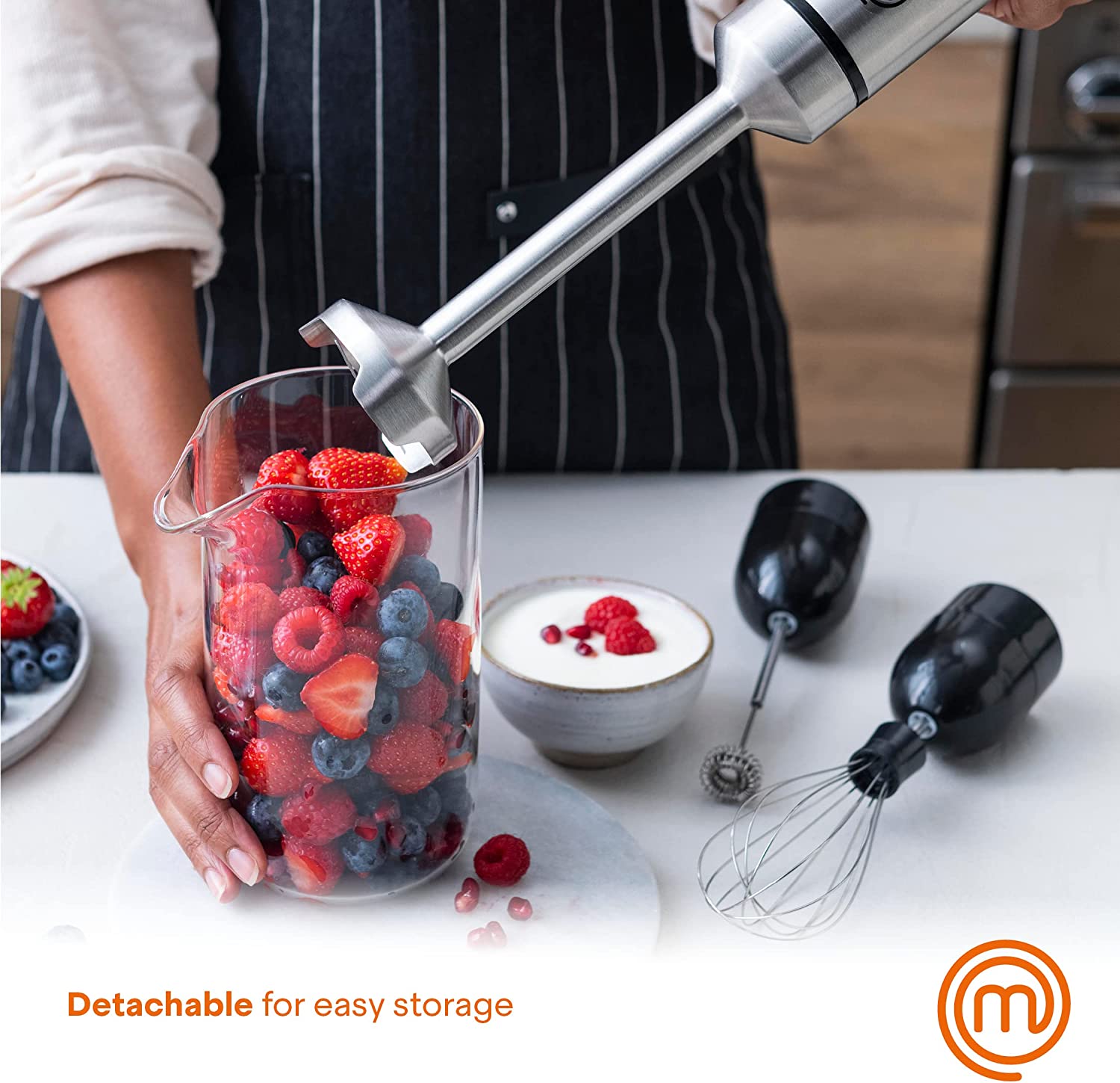 Immersion Blender Handheld with Electric Whisk & Milk Frother Attachments, Hand Held Stainless Steel Stick Emulsifier for Making  Food, Soup, Puree, Cake, Cappuccino, Latte etc, 400W