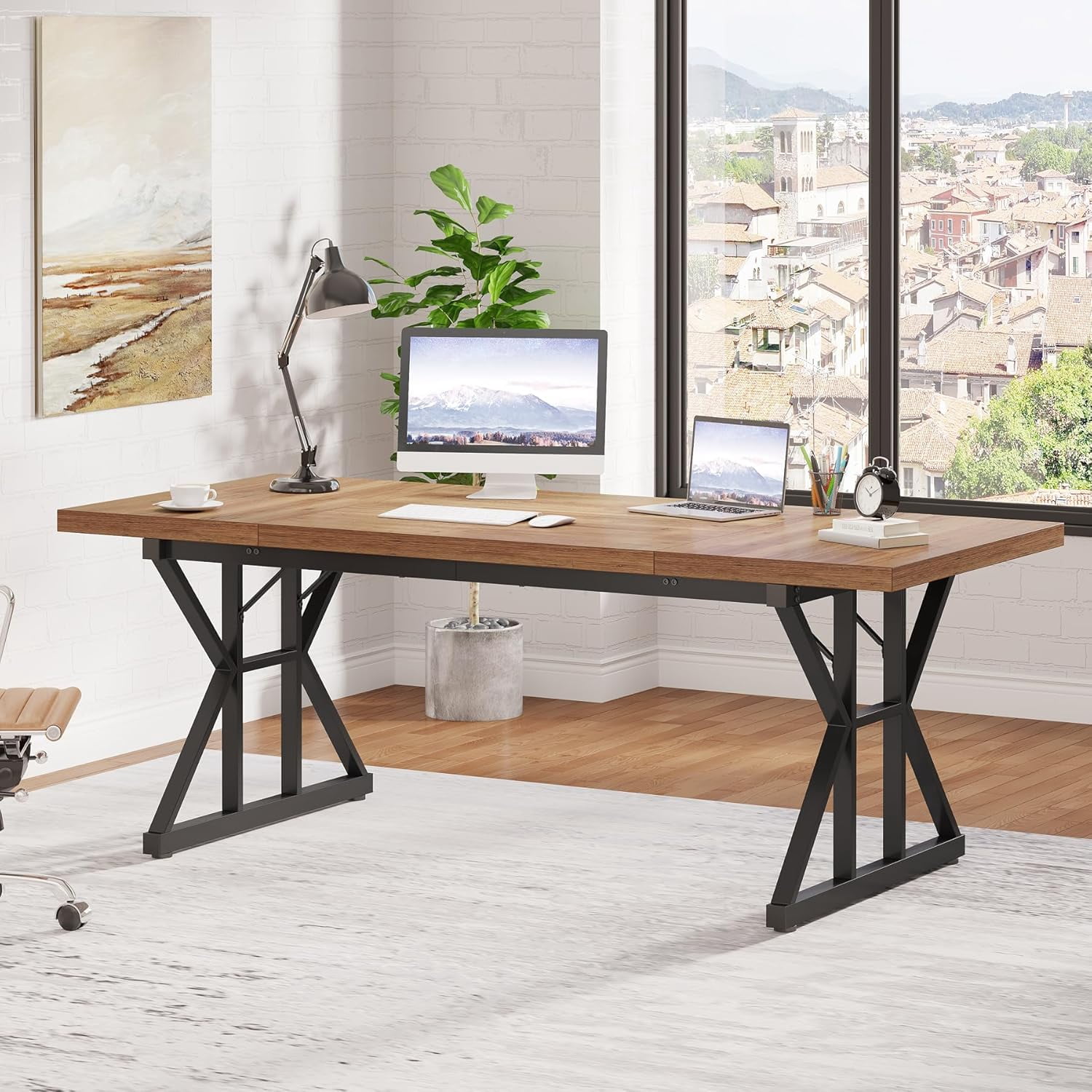 Tribesigns 70.9-Inch Executive Office Desk, Large Computer Work Desk for Home Office (Light Brown & Black)