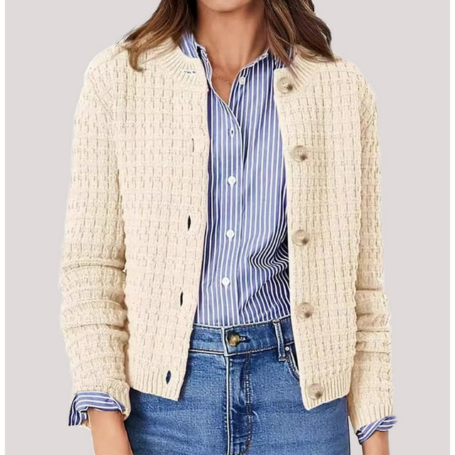 Suéter de cuello redondo para mujer, top de punto con cuello redondo, estilo retro informal, con botones, manga larga, cárdigan, chaqueta, blusa para mujer