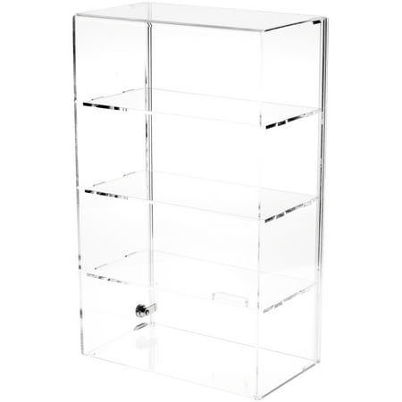 Plymor Clear Acrylic Locking Display Case with Sliding Back, 3 Shelves, 21.75" H x 13.25" W x 7.5" D