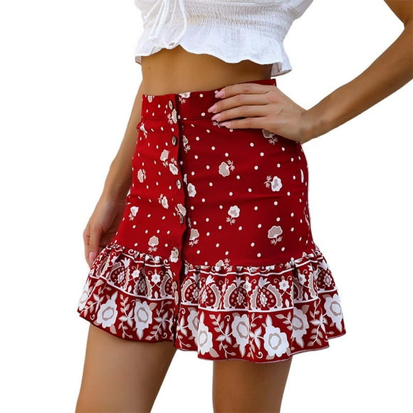 Wyzesi Sequin Skirts Red and Gold Women'S Christmas Flared Skirt Red Printed A Line Mini Skirt with Ruffle Hem