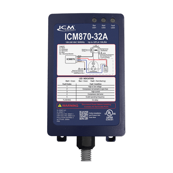 ICM Controls ICM870-32A Soft Starter For 4–5 Ton HVAC Systems – Supports Up To 32A RLA, 115/230V