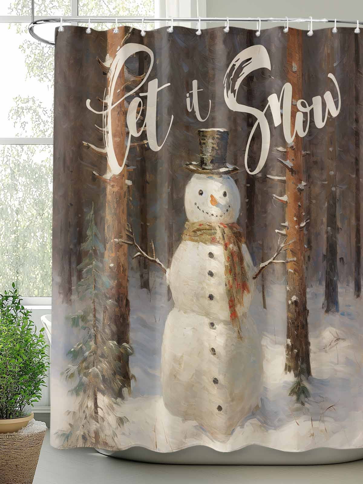 Christmas Shower Curtain Set, Waterproof Shower Curtains for Bathroom, Xmas Tree Snowman Let Snow Oil Painting Washable Fabric Cloth Bath Curtain for Bathtub Decoration with Hooks 72x78 Inches