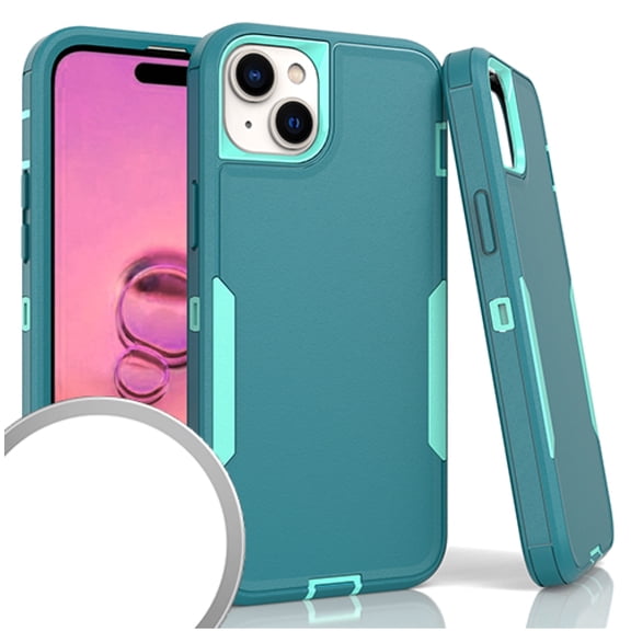For iPhone 15 Plus 6.7" Slim Tough Hybrid Phone Cover Case with Tempered Glass - Teal