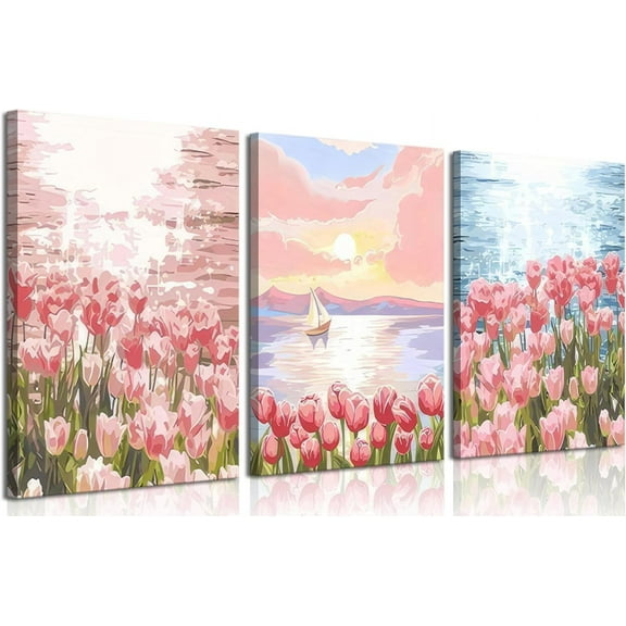 3Pcs Cherry Blossom Moon Lake Canvas Wall Art Nature Landscape Wall Decor Pictures Japanese Aesthetics Floral Posters Prints for Home Office Living Room Decoration 16x24in