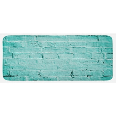Mint Kitchen Mat, Brick Old Wall Background in Vibrant Tones Architecture Urban Building Picture, Plush Decorative Kitchen Mat with Non Slip Backing, 47" X 19", Turquoise, by Ambesonne