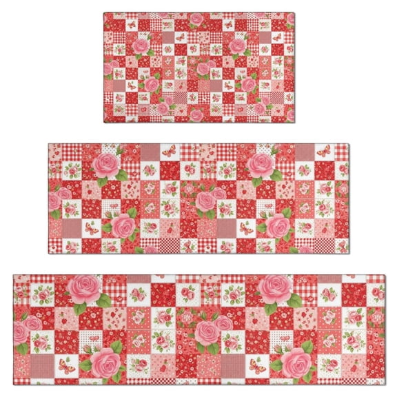 Pioneer Flower Floral Print Pattern Kitchen Rugs Sets Of 3,Kitchen Runner Rugs Non Skid Washable,Decorative Kitchen Floor Mats for Kitchen,Sink,Laundry,17X30 Inch 17X47 Inch 17X59 Inch