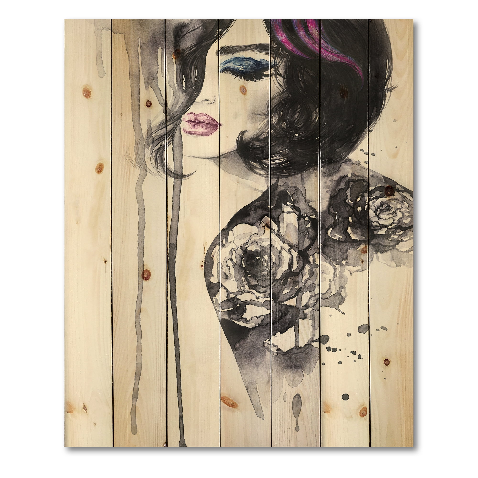 Designart 'Monochrome Female Portrait With Colorful Makeup' Modern Print on Natural Pine Wood