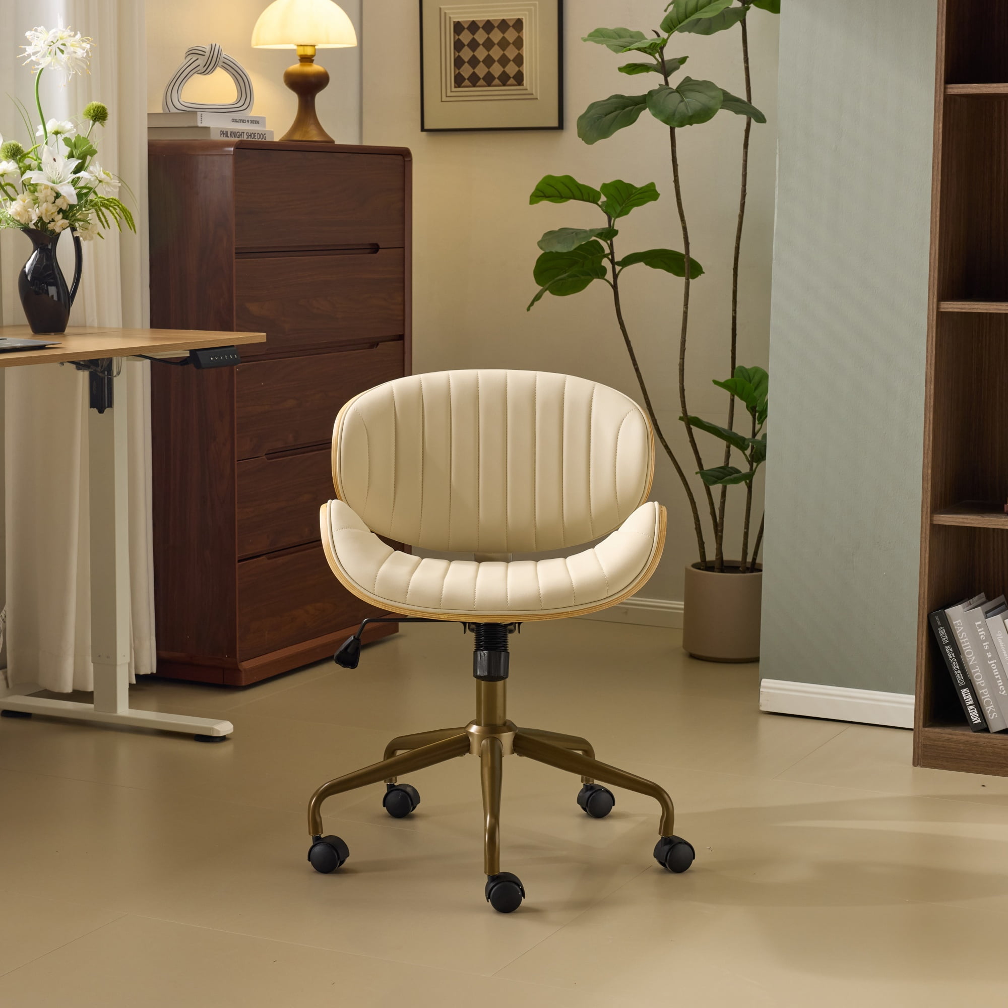 Ktaxon Armless Office Chair, Curved Wood Accent Desk Chair with Swivel Seat, PU Task Chair for Study, Makeup Vanity Beige
