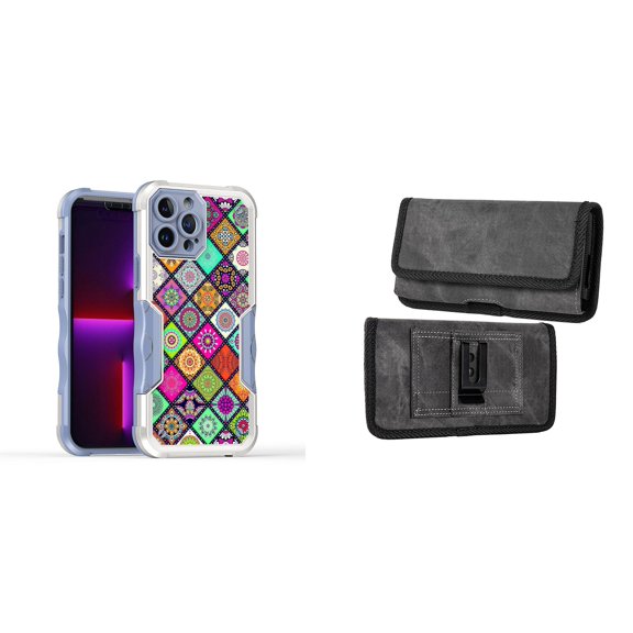 Case and Pouch Bundle for iPhone 14: Heavy Duty Armor Rugged Case (Mediterranean Tile Pattern) and Rugged Denim Nylon Belt Holster (Grey)