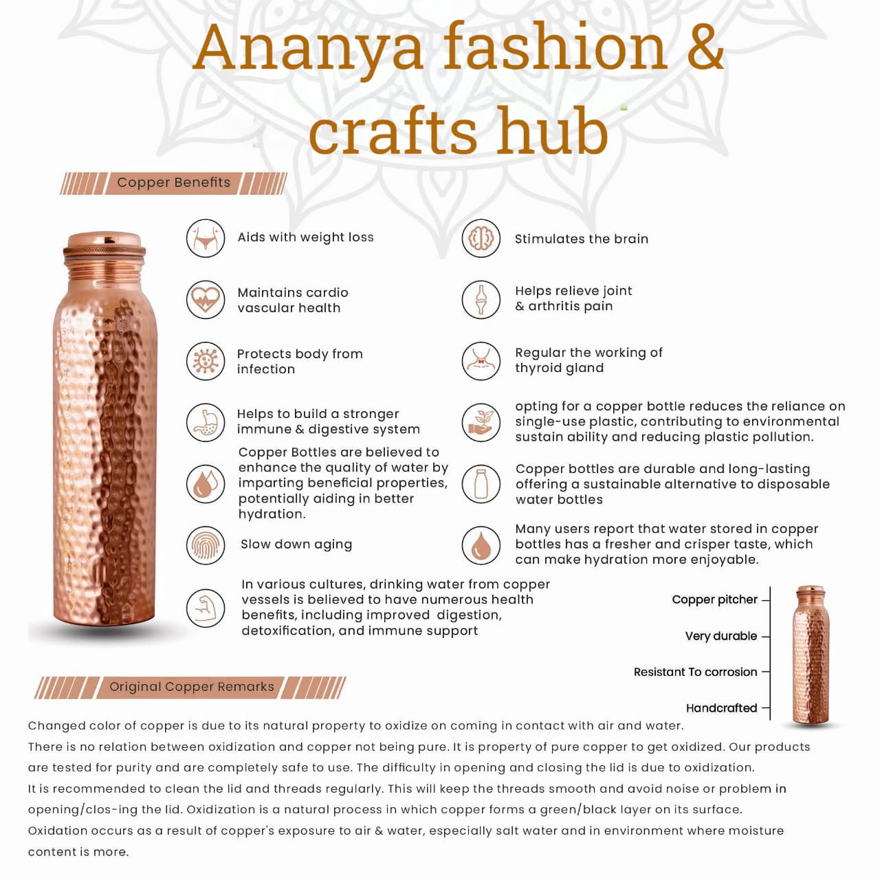 Ananya Fashion and Crafts Hub Pure Copper Water Jug with Brass Knob Top 1.5 Litre (1500 ml) + 2 Tumbler (300 ml) Hammered Ayurveda Health Benefits Pitcher Set of 3