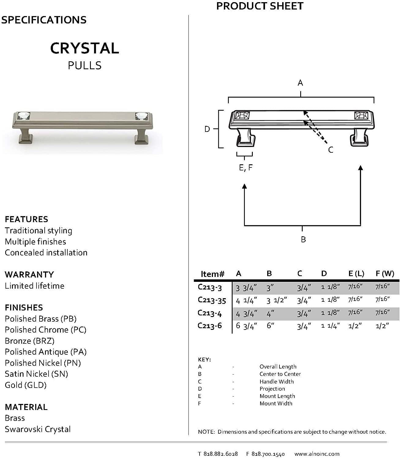 Alno C213-4-GLD Swarovski Crystal 4" Cabinet Crystal Pull Gold