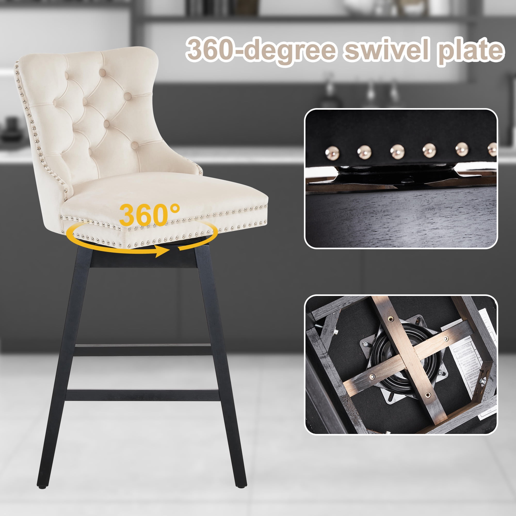 Tewloss 30" Swivel Bar Stools Set of 6 With Back Velvet Bar Height Chairs for Home Kitchen, Beige